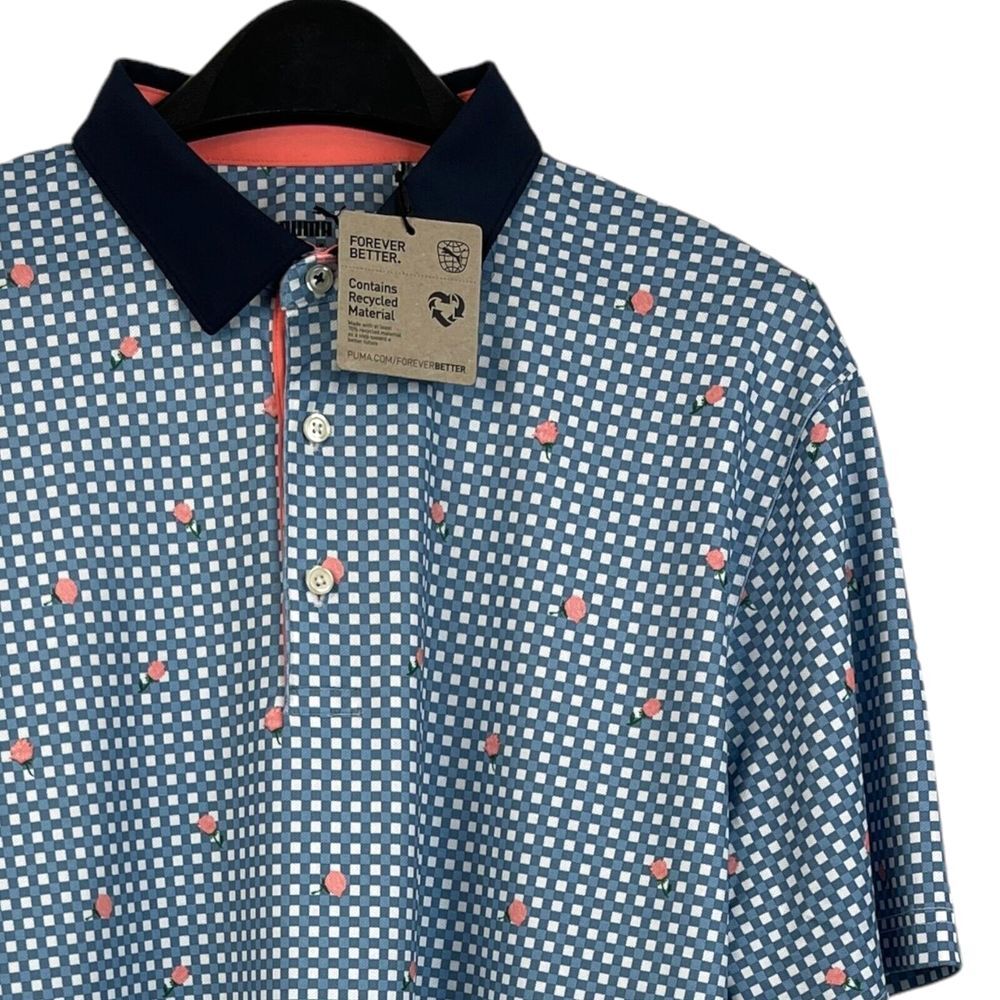 NEW Puma Pique Gingham Floral Golf Polo Mens L Performance Stretch Blue $85